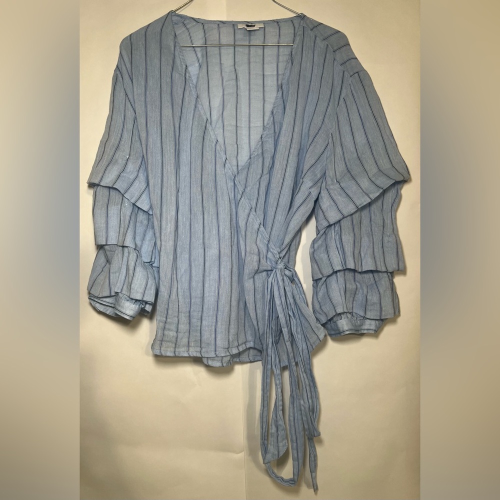 Bar III Light Blue Striped Wrap Around Blouse Ruffle Sleeve Size X-Large